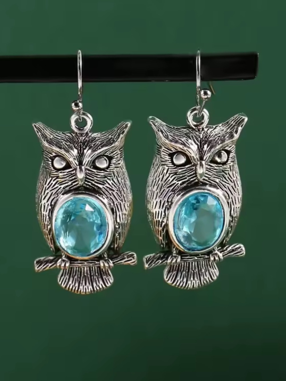 Cute Owl Aquamarine Drop Earrings